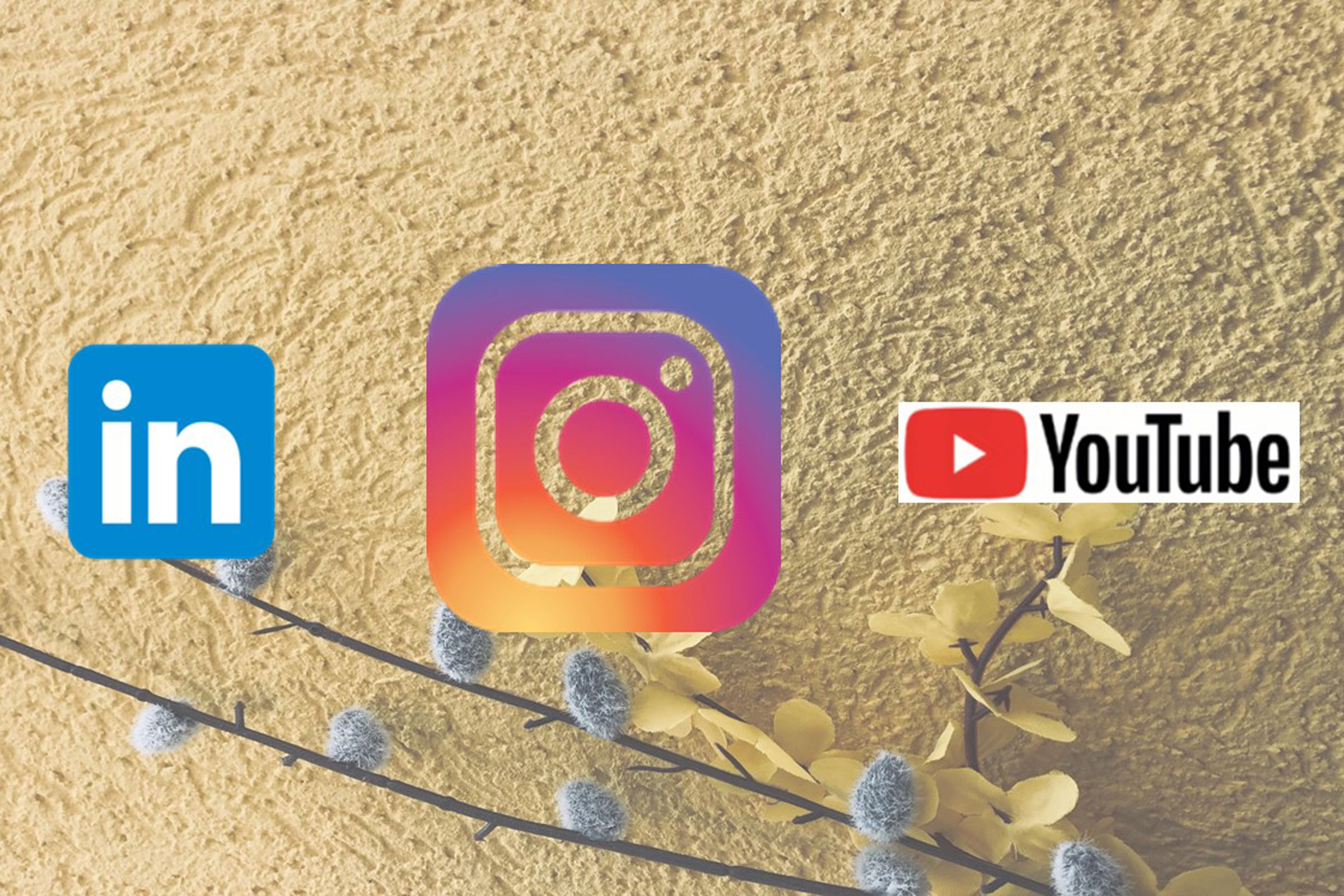 LinkedIn, Instagram ja YouTube logot keltaisella taustalla