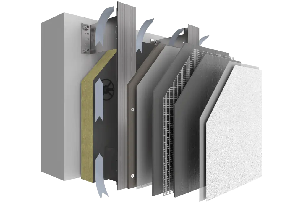 RSC system build-up with stone wool render carrier board andl render finishing coat: StoVentec R