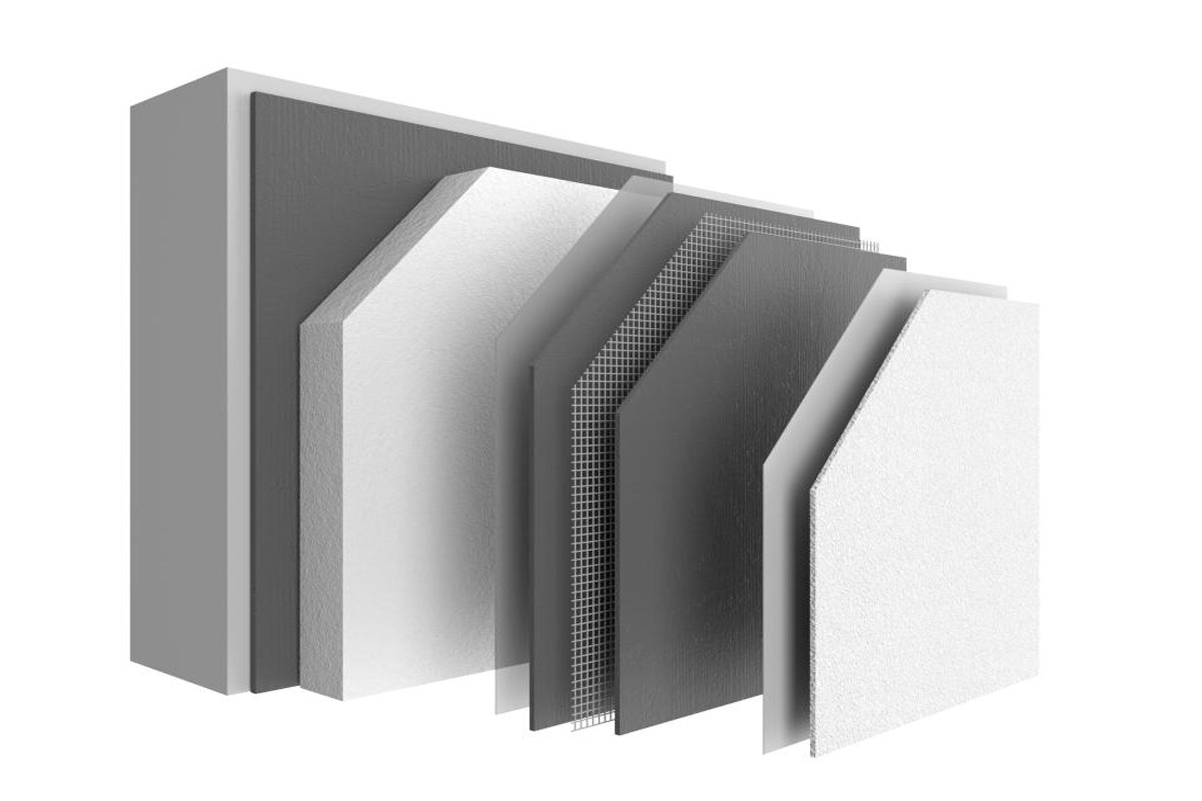 Sisäpulisen lämmöneristyksen rakenteen valkoisen ja harmaan eri sävyisinä kerroksina