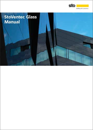 StoVentec Glass -esitteen kansi, jossa kuva lasijulkisivusta