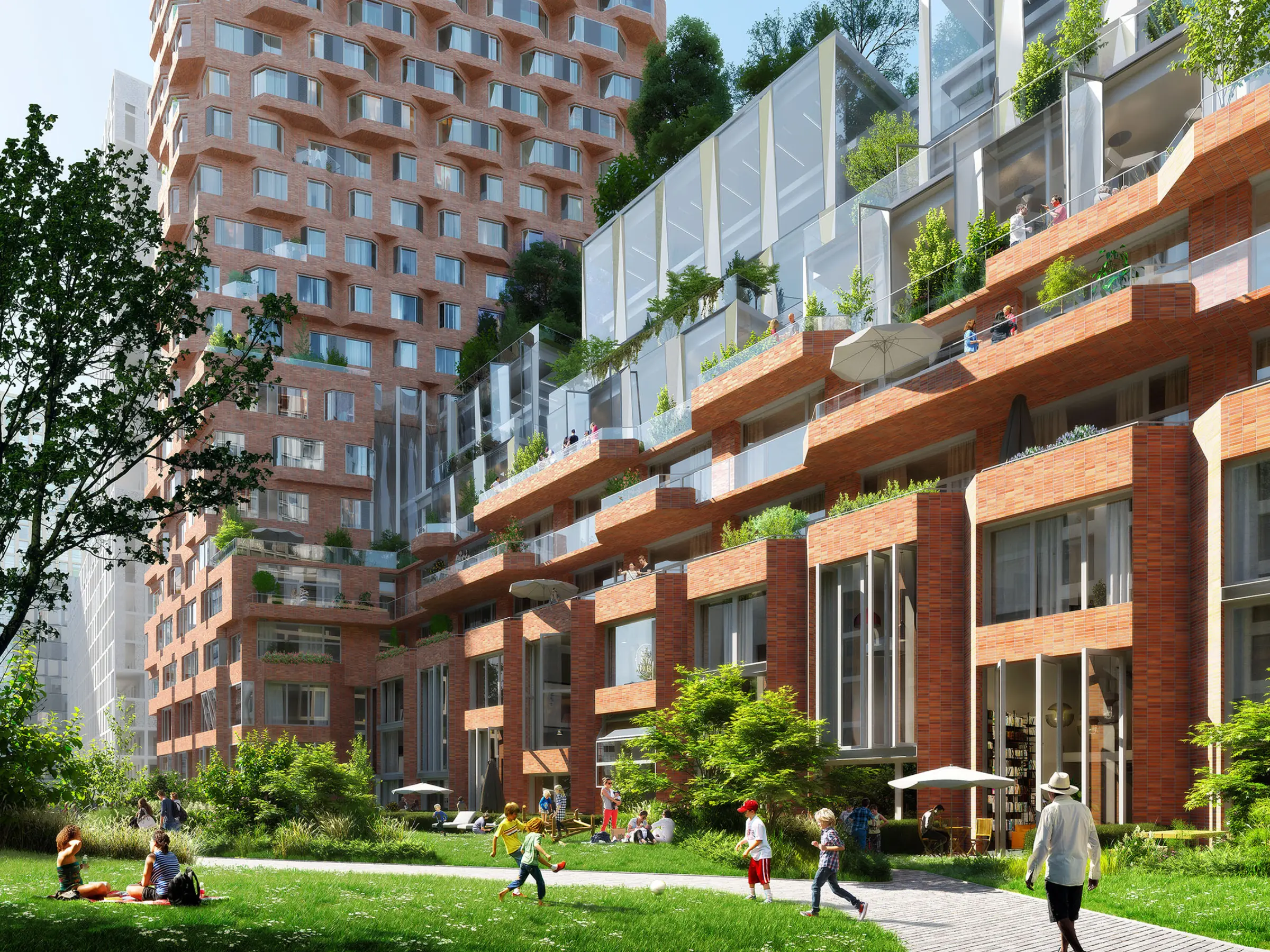 Vihreä ja eläväinen sisäpiha Amsterdamin De Puls -rakennuskompleksissa